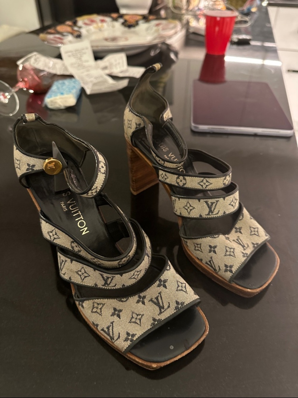 Louis Vuitton Monogram Canvas Multi-Strap Block Heel Sandals in Beige and Black